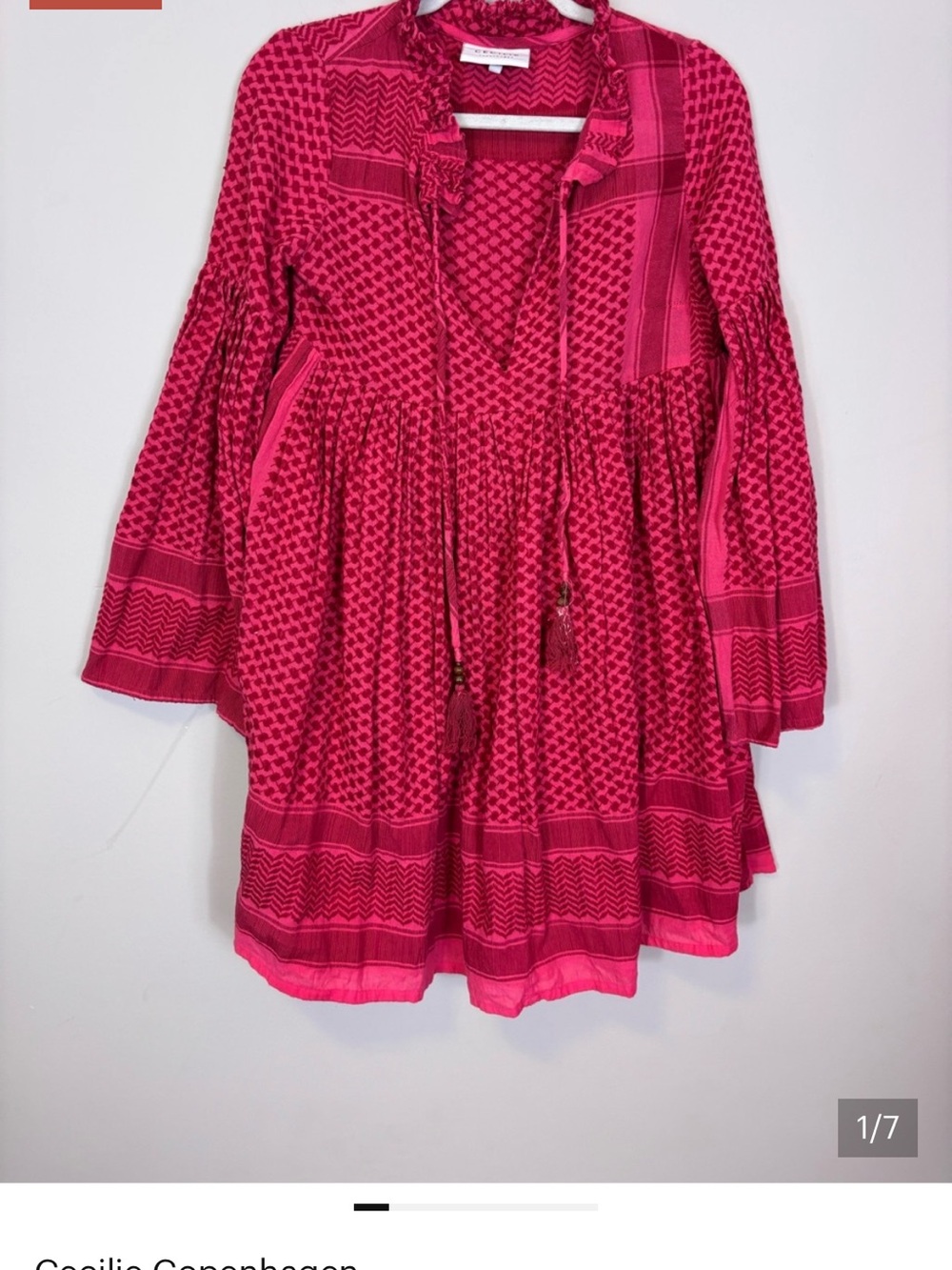 Cecilie Copenhagen Pink Patterned V-Neck Bell Sleeve Mini Dress with Tassel Ties